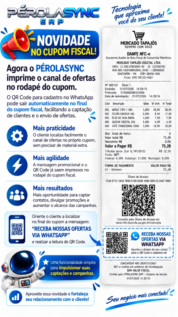 PérolaSync v2.1.8 — Canal de Ofertas no Cupom Fiscal via WhatsApp. Mais praticidade, mais agilidade, mais resultados.